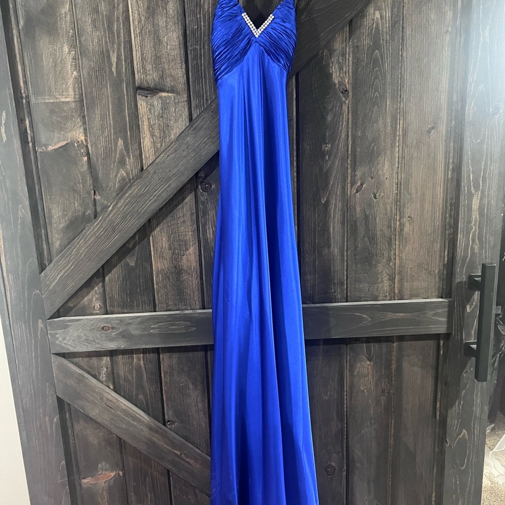 Elegant Blue Gown with Embellished Neckline